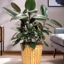 Potted rubber plant in a woven basket planter