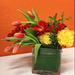 Colorful bouquet of tulips, roses, and gerbera daisies in a square glass vase