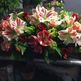 Arrangement of red and white amaryllis with roses and berries