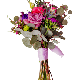 Bouquet of pink and purple flowers with eucalyptus and a lavender ribbon