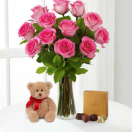 Pink/peach roses (OR MIXED COLOR ROSES), stuffed bear & Godiva