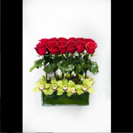 Red roses and green orchids in a rectangular glass vase