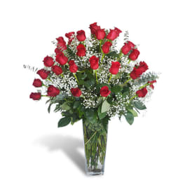 Red roses arranged in a tall clear vase with baby's breath