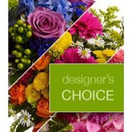 Collage of colorful mixed flowers with a green "designer's choice" label