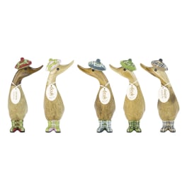 Five decorative duck figurines wearing plaid hats and boots
