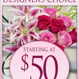 Designer’s choice bouquet with pink roses and lilies, starting at $50