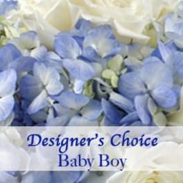 Blue and white hydrangea bouquet with a "Designer’s Choice Baby Boy" label