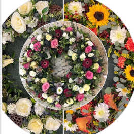 Circular floral wreath with pink, white, and yellow blooms