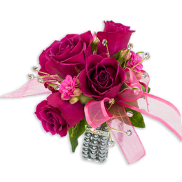 Pink rose corsage with ribbon and rhinestone accents