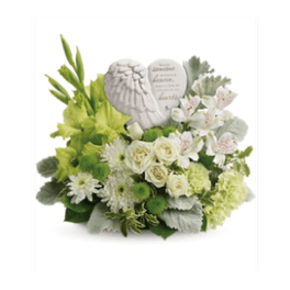 White and green sympathy arrangement with a heart-shaped memorial stone