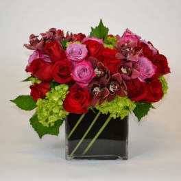 Low arrangement of red and pink roses with orchids and green hydrangea in a black cube vase