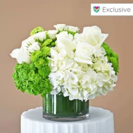 Low arrangement of white roses, white hydrangeas, and green blooms in a clear glass cylinder vase