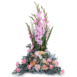 Tall pink floral arrangement with roses and gladiolus
