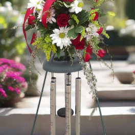 Red roses and white daisies in a hanging wind chime arrangement