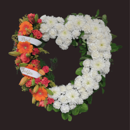 Heart-shaped floral wreath with white and orange flowers and name ribbons