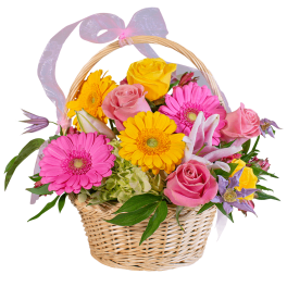 Wicker basket of pink roses, gerbera daisies, and yellow blooms with a handle bow