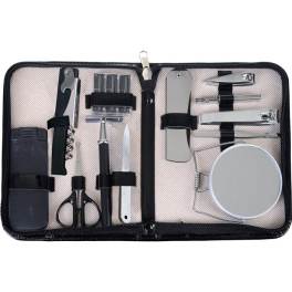 Manicure kit in a zippered case with clippers, scissors, and a mirror