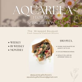 Promotional flyer for a wrapped bouquet flower subscription with a bouquet photo
