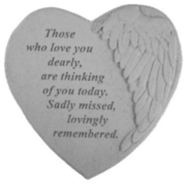 Heart-shaped memorial plaque with angel wings and sympathy text