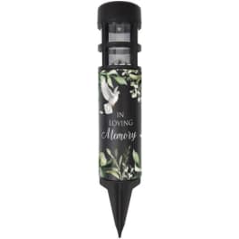 Black memorial solar light stake with a dove and "In Loving Memory" text