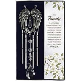 Decorative hanging wind chime with silver angel wings and crystal accents