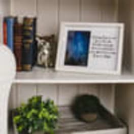 Potted green plants on a shelf beside framed decor