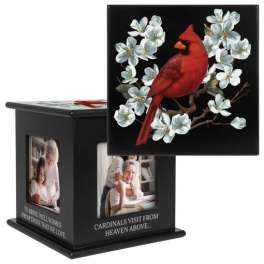 Black memorial keepsake box with a cardinal and white blossoms on the lid