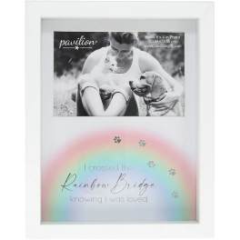 White photo frame with a rainbow memorial message and paw prints