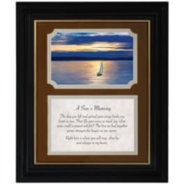 Framed memorial print with a sunset sailboat scene and poem