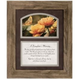 Framed floral memorial plaque with orange flowers and a butterfly