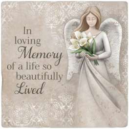 Sympathy plaque with an angel holding white calla lilies and memorial text