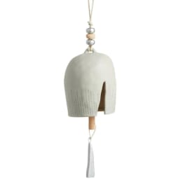 Hanging ceramic bell ornament with beads and a tassel