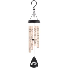 Black and copper wind chime with engraved tubes and a hanging clapper