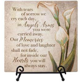 Memorial plaque with calla lily artwork and a sympathy verse