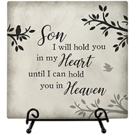 Decorative memorial plaque with the words "Son, I will hold you in my heart until I can hold you in Heaven"