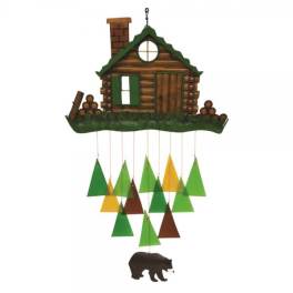 Wooden cabin wind chime with hanging colored triangles and a bear charm