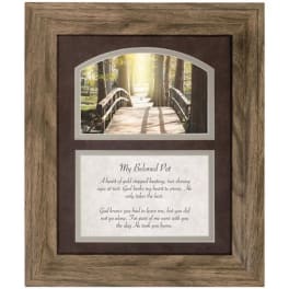 Framed memorial print with a bridge scene and pet remembrance poem