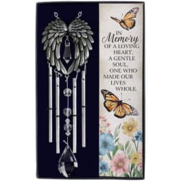 Memorial wind chime with butterfly and floral design in a gift box