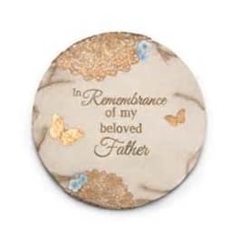 Round memorial plaque with butterflies and text for a beloved father