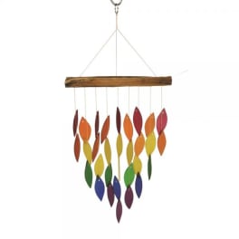 Colorful leaf-shaped hanging mobile on a wooden bar