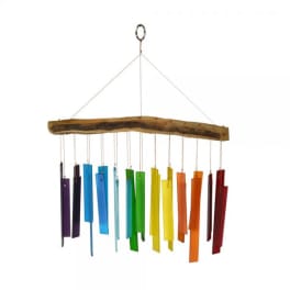 Rainbow wind chime with a wooden top and hanging colored tubes