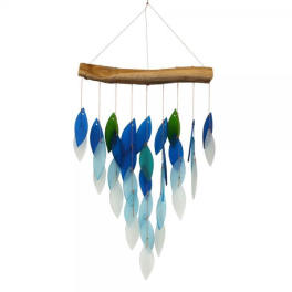 Hanging wood and blue leaf-shaped mobile on a white background