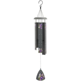 Hanging metal wind chime with purple floral accents and a bird design