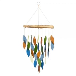Colorful leaf-shaped hanging wall mobile with a wooden top bar