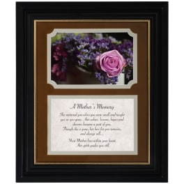 Framed memorial plaque with a pink rose photo and sympathy verse