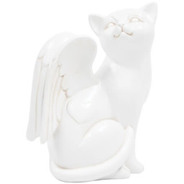 White ceramic cat figurine with closed eyes and wings
