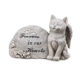 Stone memorial with a sleeping cat figurine and the words "Forever in our Hearts"