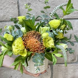 Yellow-green floral arrangement in a patterned ceramic pot