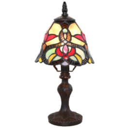 Stained glass table lamp with a dark carved base