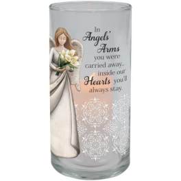Glass memorial candle holder with an angel and sympathy message